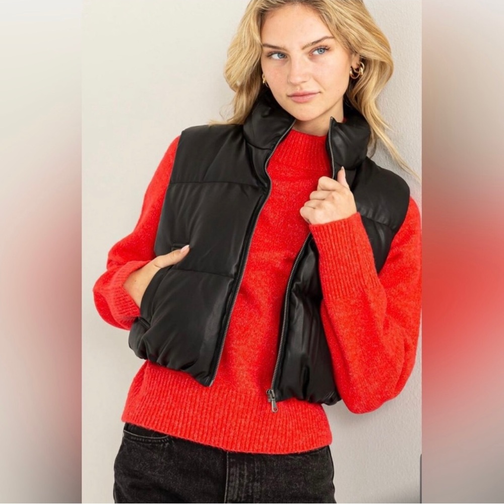 Cropped Black Leather Puffer Jacket Vest